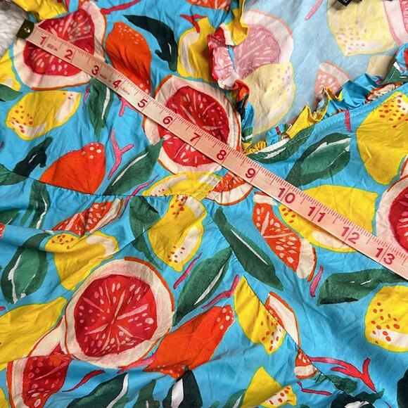 Donna Morgan Colorful Fruit Citrus Lemon Oranges Puff Sleeve MIDI Tier Dress R16 - Picture 7 of 11